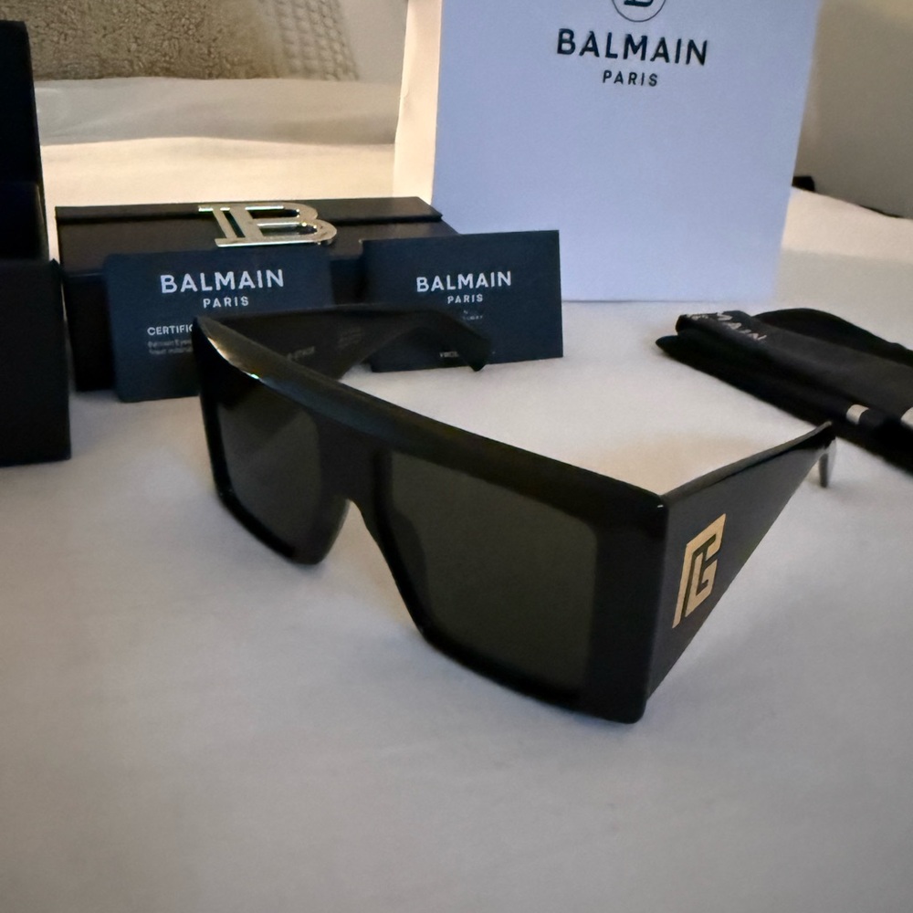 Balmain Black Oversized Shield Sunglasses with Gold Logo Accent